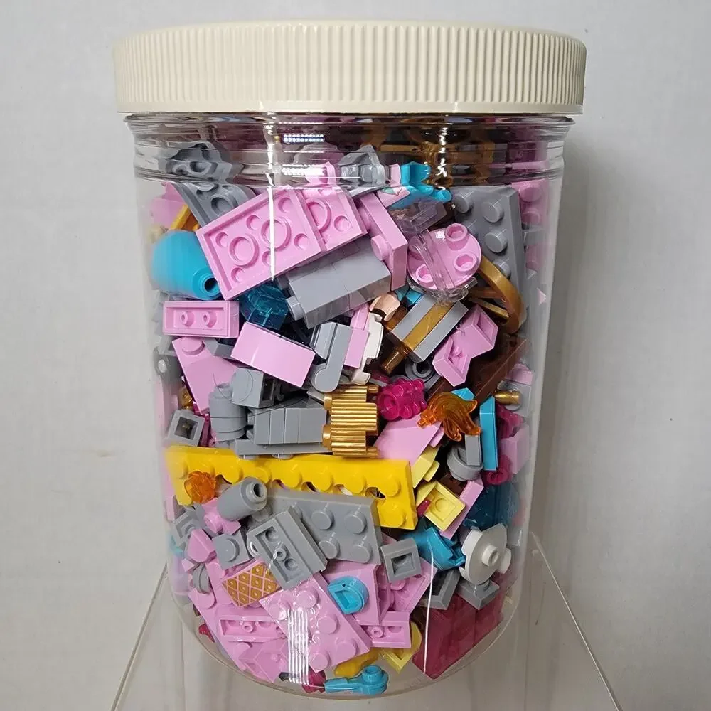 Plastic Jar Filled w/ Pastel-Colored Building Bricks, Legos